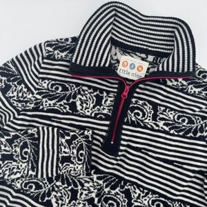Title Nine Super Power Wool Black White Striped Floral 1/4 Zip Sweater Small